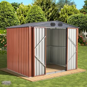 8 x 6 FT Outdoor Garden Galvanized Steel Storage Shed, Outside Metal Tool Storage House with Lockable Door for Patio, Backyard, Brown - as picture