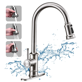 Kitchen Faucet- 3 Modes Pull Down Sprayer Kitchen Sink Faucet, Brushed Nickel Kitchen Faucet Single Handle, 1or3 Holes with Deck Plate, 100% Lead-Free