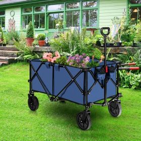 Outdoor Folding Wagon Cart with Adjustable Handle and Universal Wheels - Navy