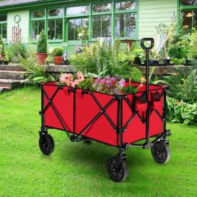 Outdoor Folding Wagon Cart with Adjustable Handle and Universal Wheels - Red
