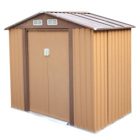 4.2' x 7' Outdoor Storage Shed, Backyard Tool House with Sliding Doors, Base, Vents, Metal Lawn Equipment - Brown