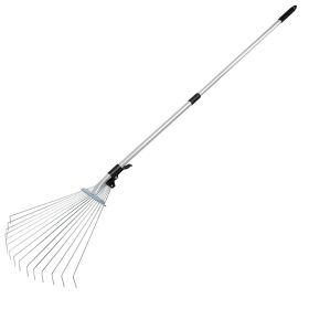 63in Adjustable Garden Leaf Rake 15 Teeth Expanding Stainless Steel Rake For Quick Clean Lawn Yard Garden - Black+ Silver