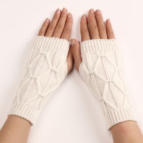 Rhombus Fashion Oversleeve Knitted Wool Keep Warm Half Finger Gloves (Option: White-Average Size)