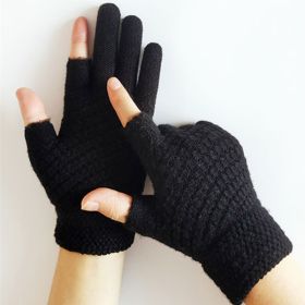 Jacquard Brushed Wool Warm Knitted Plush Gloves (Option: Black-Show Two Fingers-One size)