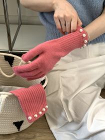 Solid Color Knitted Pearl Warm Knitted Gloves (Option: Pink-Average Size)