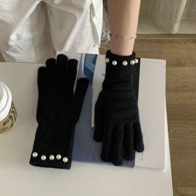 Solid Color Knitted Pearl Warm Knitted Gloves (Option: Black-Average Size)