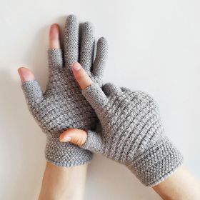 Jacquard Brushed Wool Warm Knitted Plush Gloves (Option: Grey-Show Two Fingers-One size)