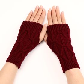 Rhombus Fashion Oversleeve Knitted Wool Keep Warm Half Finger Gloves (Option: Wine Red-Average Size)