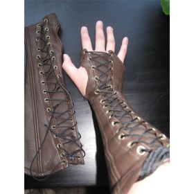 PU Long Lace Up Wrist Guard Half Finger Gloves (Option: Brown-M)