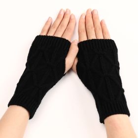 Rhombus Fashion Oversleeve Knitted Wool Keep Warm Half Finger Gloves (Option: Black-Average Size)