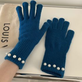 Solid Color Knitted Pearl Warm Knitted Gloves (Option: Sapphire Blue-Average Size)