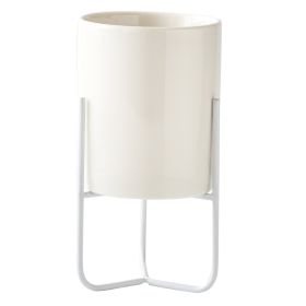 Gold-plated Iron Vase Simple Iron Frame Ceramic Flower Pot (Option: White Frame High Basin-Perforated)