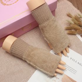 Women's Winter Plush Warm Writing Fingerless Knitted Half Finger Exposed Sleeve Cover Wristband (Option: Khaki-Average Size)