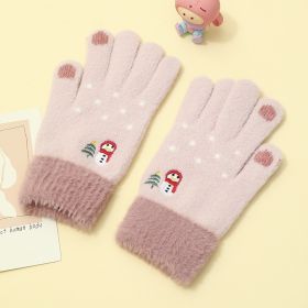 Padded And Thickened Warm Snowman Embroidered Touch Screen Gloves (Option: Pink-One size)
