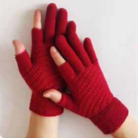 Jacquard Brushed Wool Warm Knitted Plush Gloves (Option: Red-Show Two Fingers-One size)