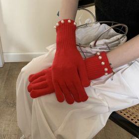 Solid Color Knitted Pearl Warm Knitted Gloves (Option: Red-Average Size)