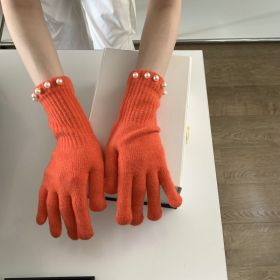 Solid Color Knitted Pearl Warm Knitted Gloves (Option: Orange-Average Size)