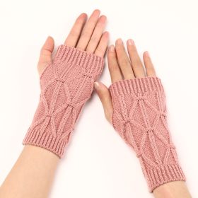 Rhombus Fashion Oversleeve Knitted Wool Keep Warm Half Finger Gloves (Option: Leather Pink-Average Size)