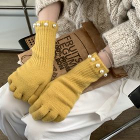 Solid Color Knitted Pearl Warm Knitted Gloves (Option: Yellow-Average Size)