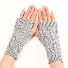 Rhombus Fashion Oversleeve Knitted Wool Keep Warm Half Finger Gloves (Option: Light Gray-Average Size)