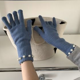 Solid Color Knitted Pearl Warm Knitted Gloves (Option: Sky Blue-Average Size)