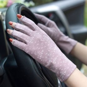 Summer Sun Protection Half Finger Gloves UV Protection Ultra-thin Driving (Option: Floral Half Finger Dark Purple-Average Size)