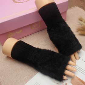 Women's Winter Plush Warm Writing Fingerless Knitted Half Finger Exposed Sleeve Cover Wristband (Option: Black-Average Size)