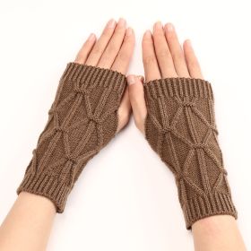 Rhombus Fashion Oversleeve Knitted Wool Keep Warm Half Finger Gloves (Option: Khaki-Average Size)