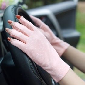 Summer Sun Protection Half Finger Gloves UV Protection Ultra-thin Driving (Option: Floral Half Finger Light Pink-Average Size)