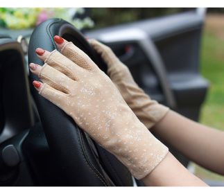 Summer Sun Protection Half Finger Gloves UV Protection Ultra-thin Driving (Option: Floral Half Finger Khaki-Average Size)