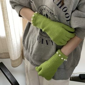 Solid Color Knitted Pearl Warm Knitted Gloves (Option: Grass Green-Average Size)