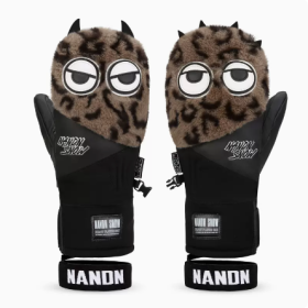 Big Eyes Ski Gloves Waterproof Wear Resistant Warm Single Board Plush Gloves (Option: Khaki leopard print-S)