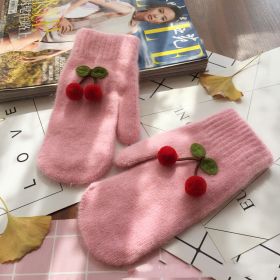 Cherry Rabbit Hair Double-layer Warm Mittens (Option: Pinkred cherry-One size)