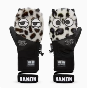 Big Eyes Ski Gloves Waterproof Wear Resistant Warm Single Board Plush Gloves (Option: White leopard print-S)