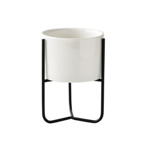 Gold-plated Iron Vase Simple Iron Frame Ceramic Flower Pot (Option: Black Frame Low Basin-No Hole)